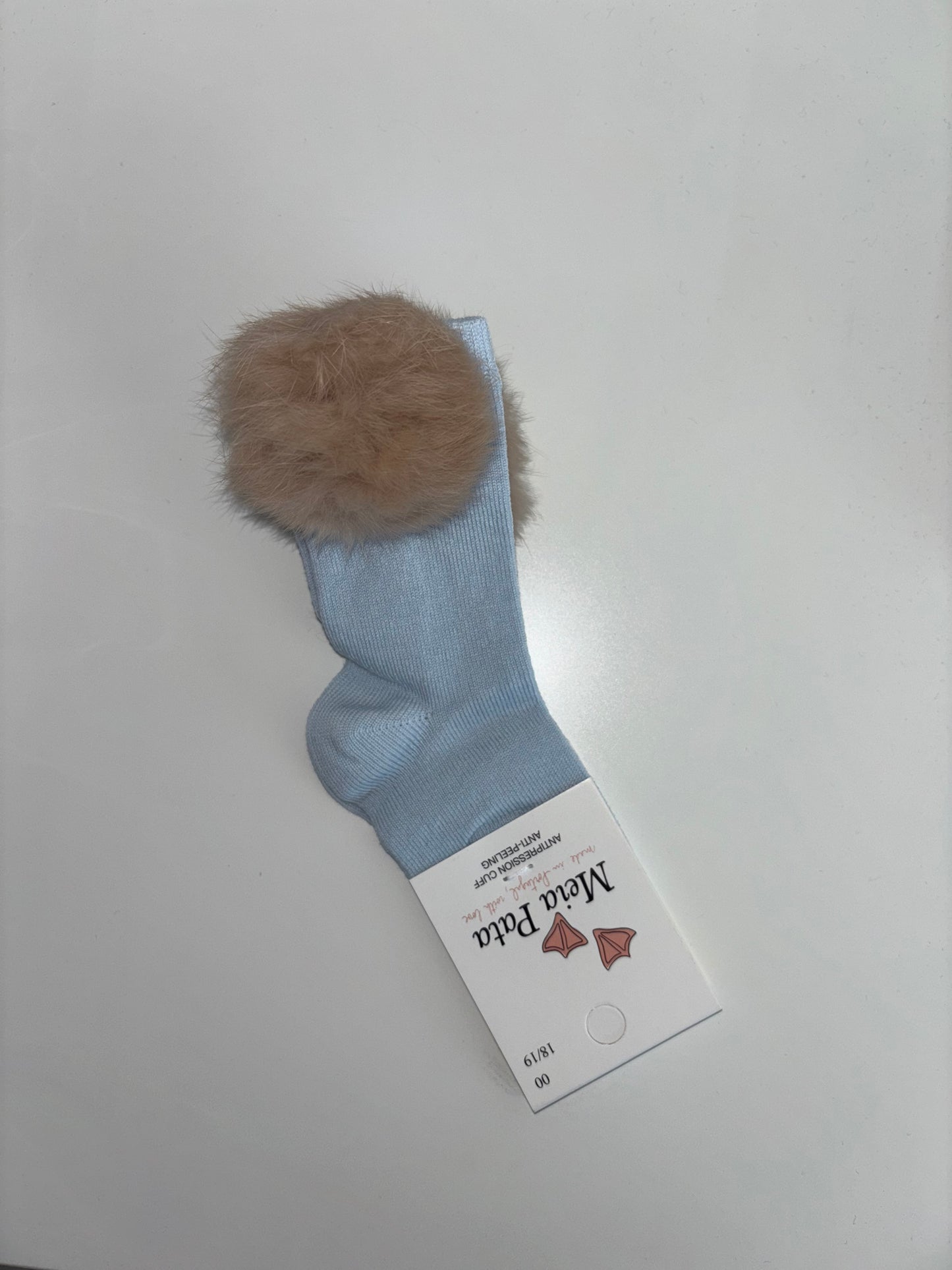 Meia Pata Blue & Camel Fur Pom Pom Knee Socks