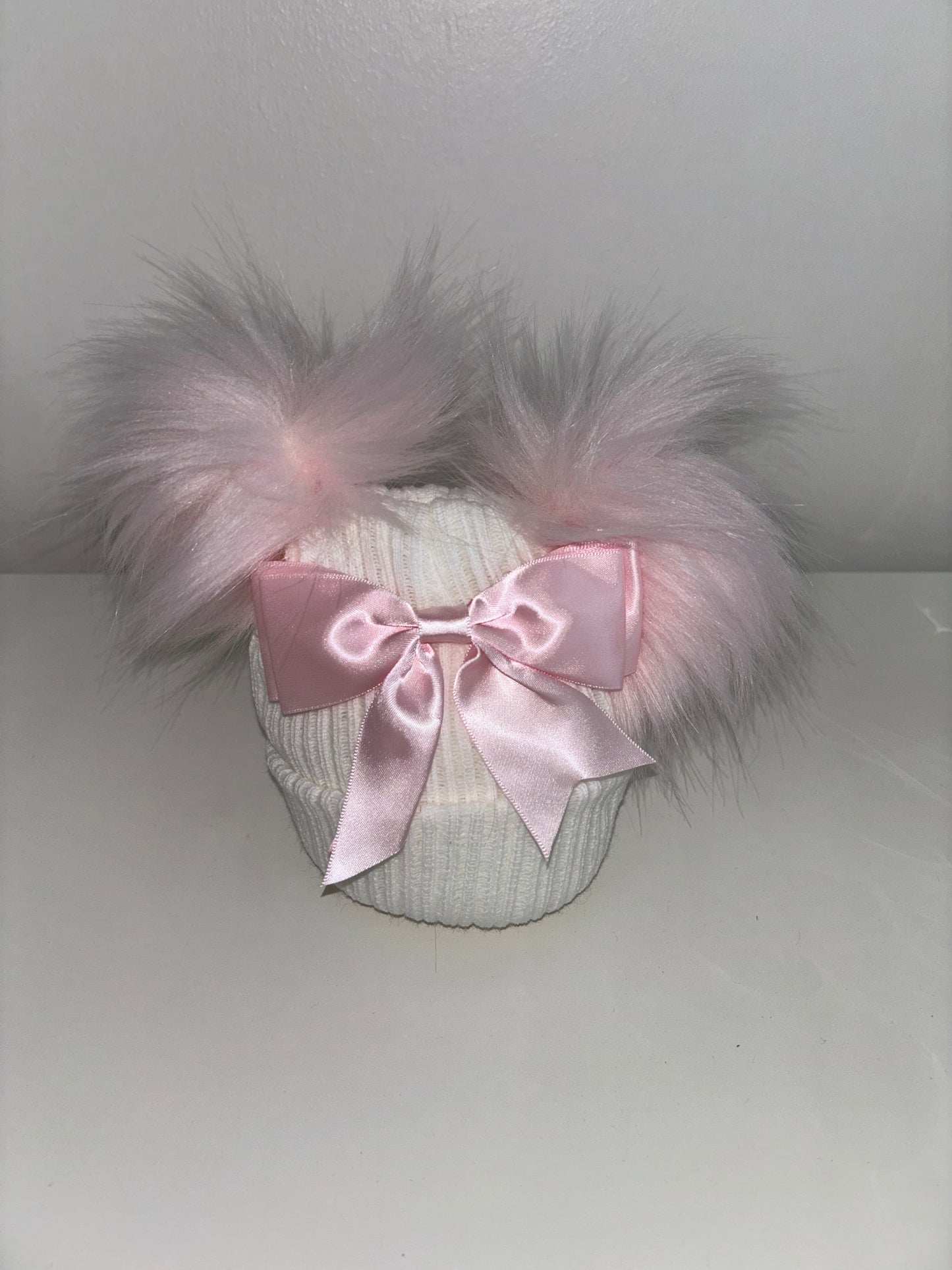 White & Pink Double Pom Pom Bow Hat