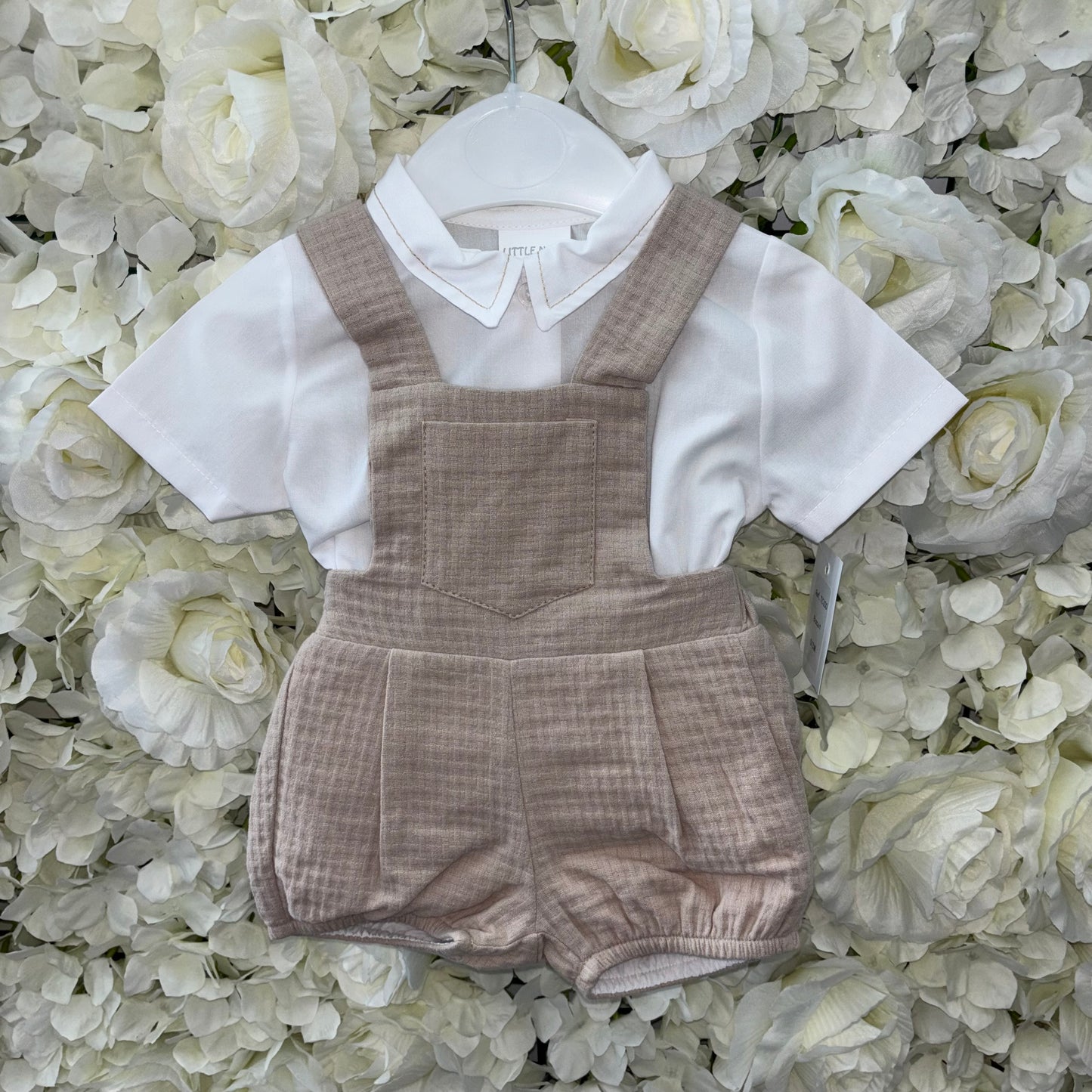 Little Nosh Beige Dungarees & Shirt Set