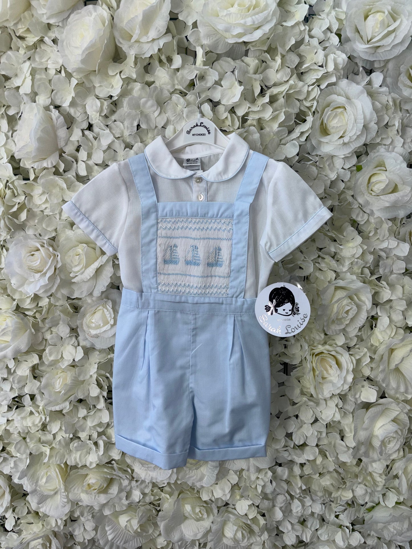 Sarah Louise Blue Sailboat Smocked Dungarees Set