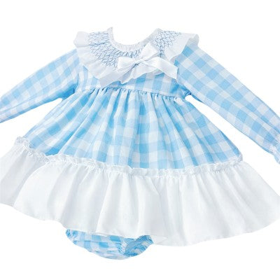 Wee Me Blue Checked Smocked Collar Dress & Pants Set