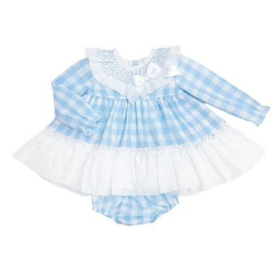 Wee Me Blue Checked Smocked Collar Dress & Pants Set