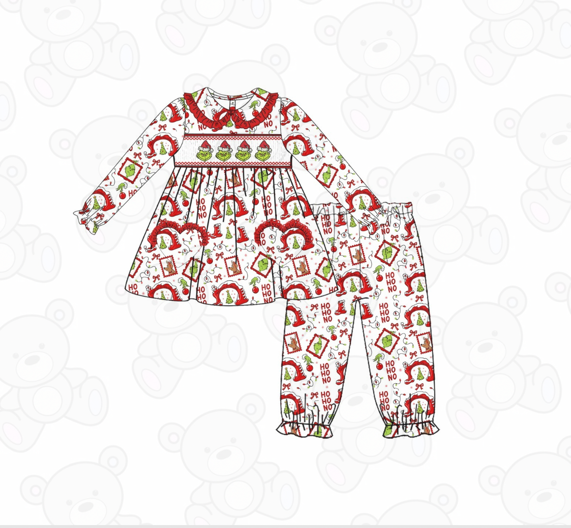 PREORDER Girls Grinch Christmas Smocked Pyjamas (PRE ORDER DUE OCTOBER/NOVEMBER)