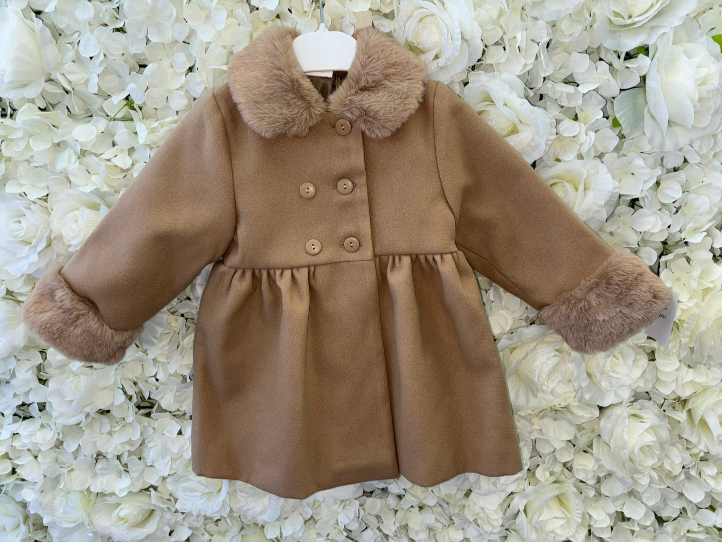 Little Nosh Camel Faux Fur Trim Coat