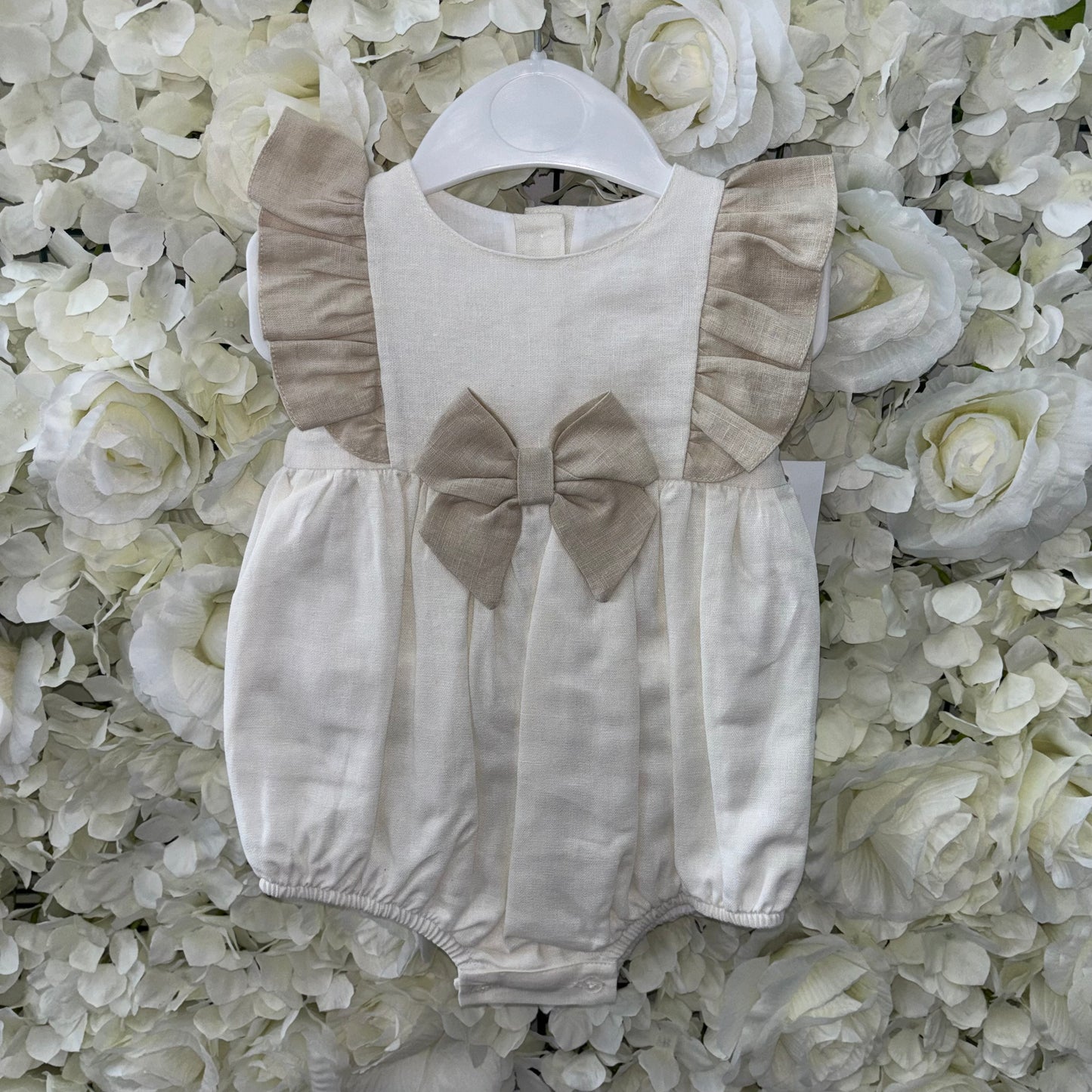 Little Nosh Cream & Beige Bow Romper