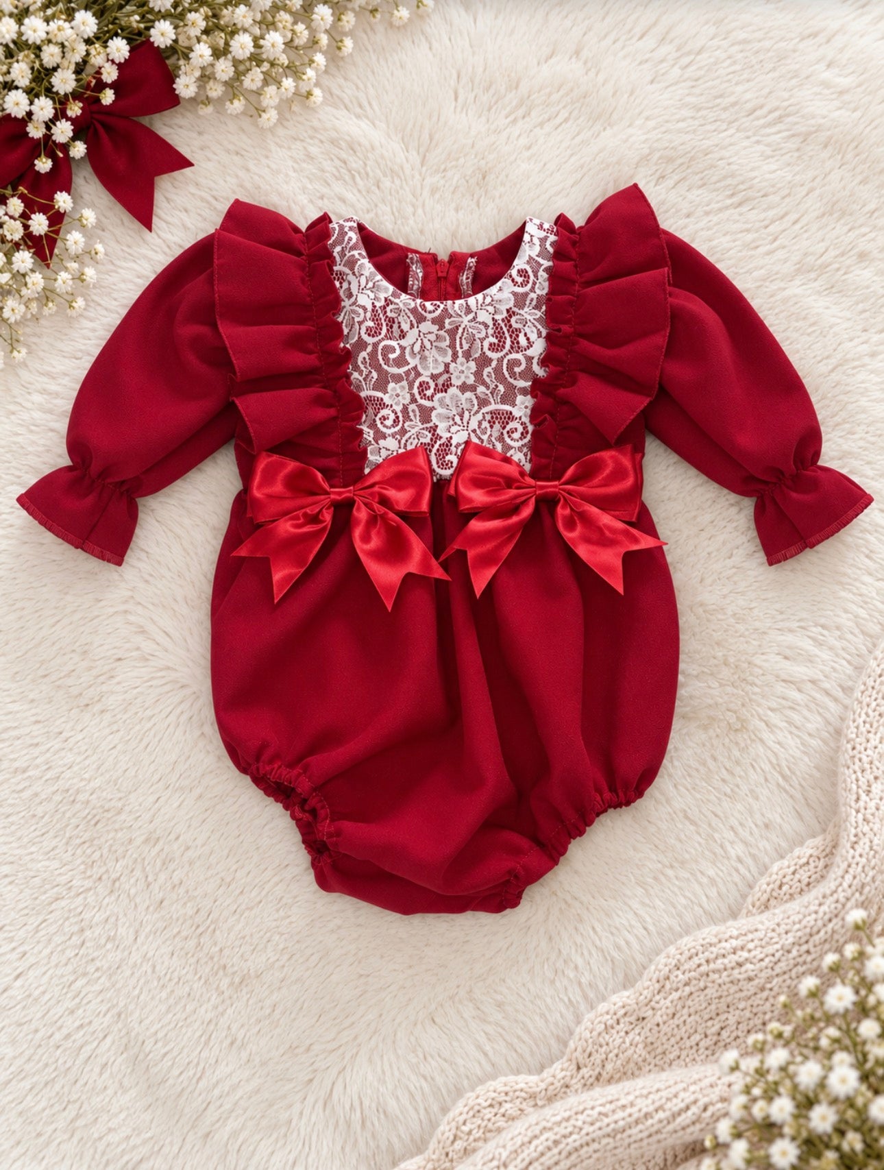 Red Lace Bow Romper