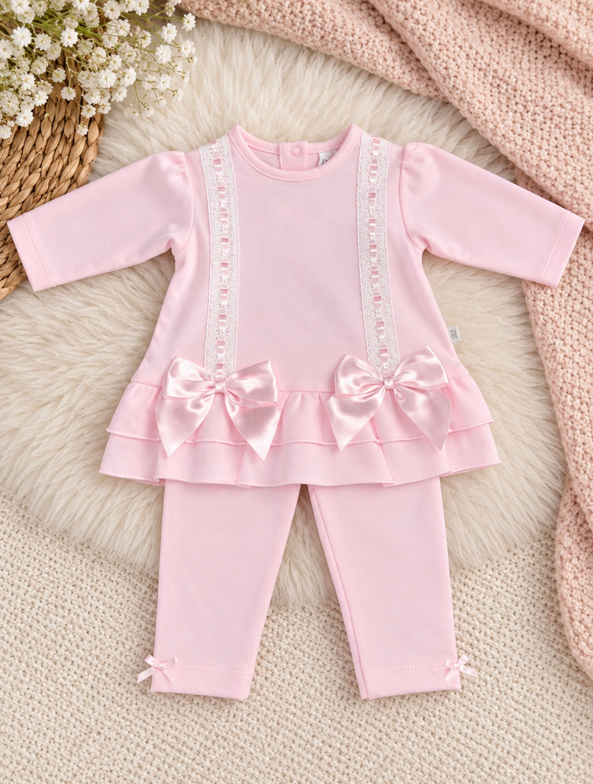 Pink Lace & Double Bow 2 piece leggings and top set