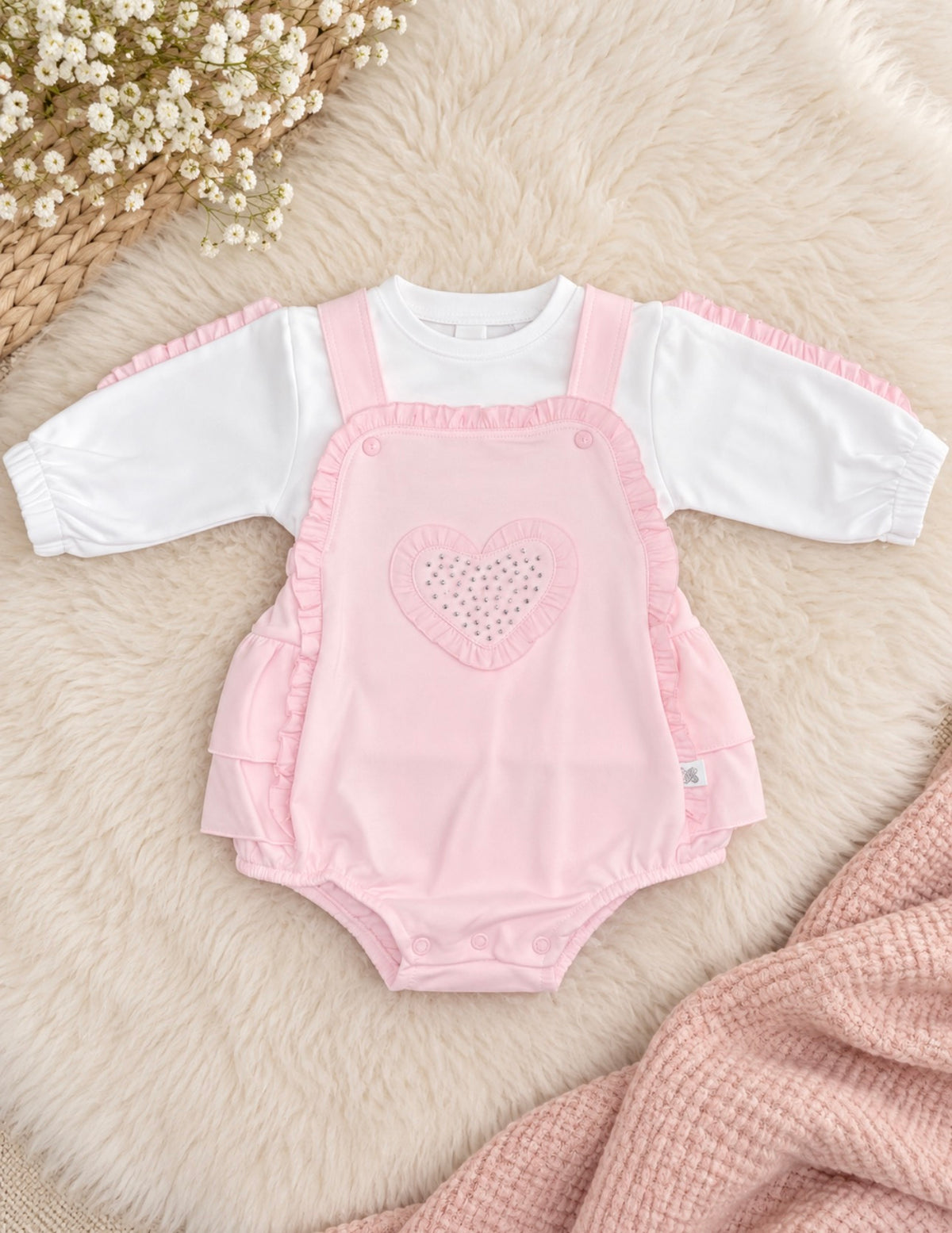 Pink Diamanté Heart Romper & Top Set