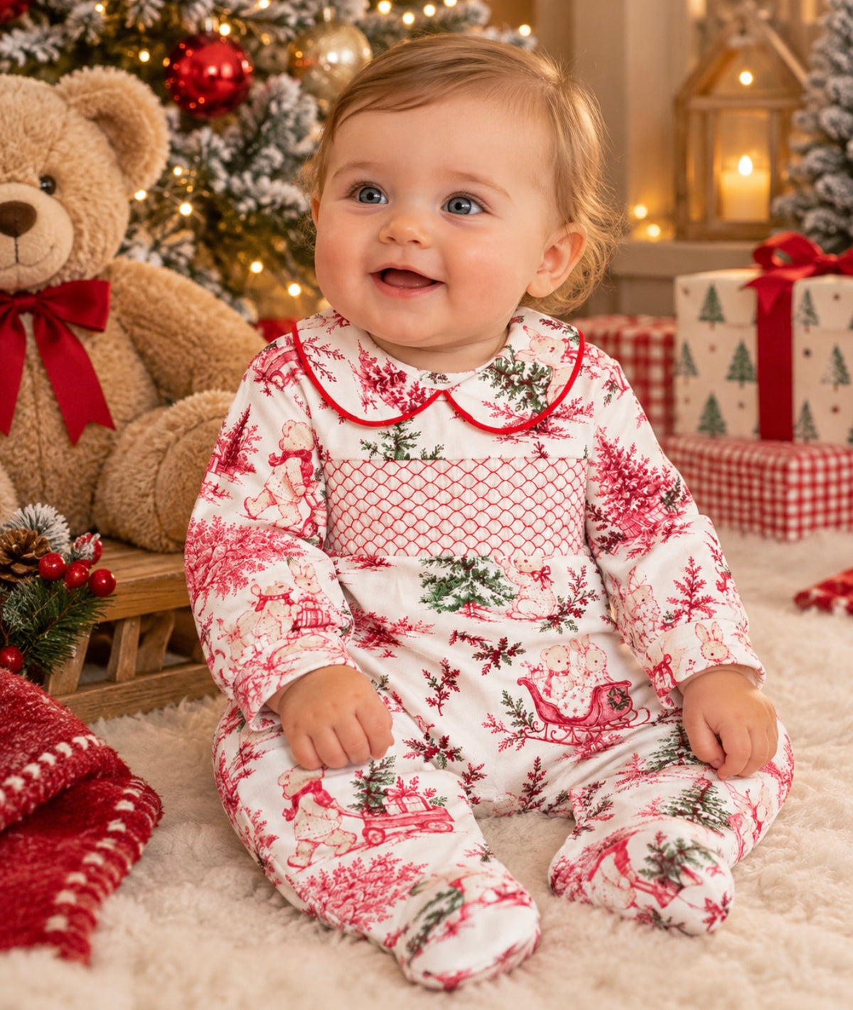 Christmas Print Smocked Sleepsuit