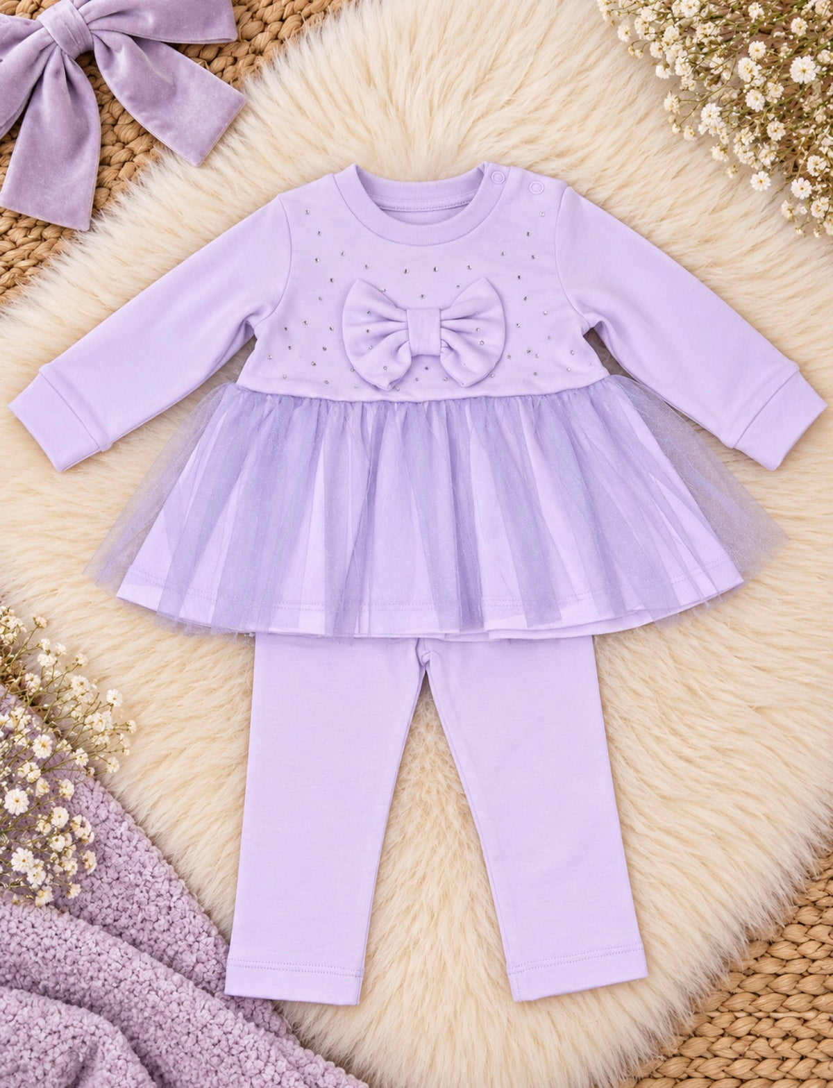 Lilac Diamanté Bow Tulle Top & Leggings Set