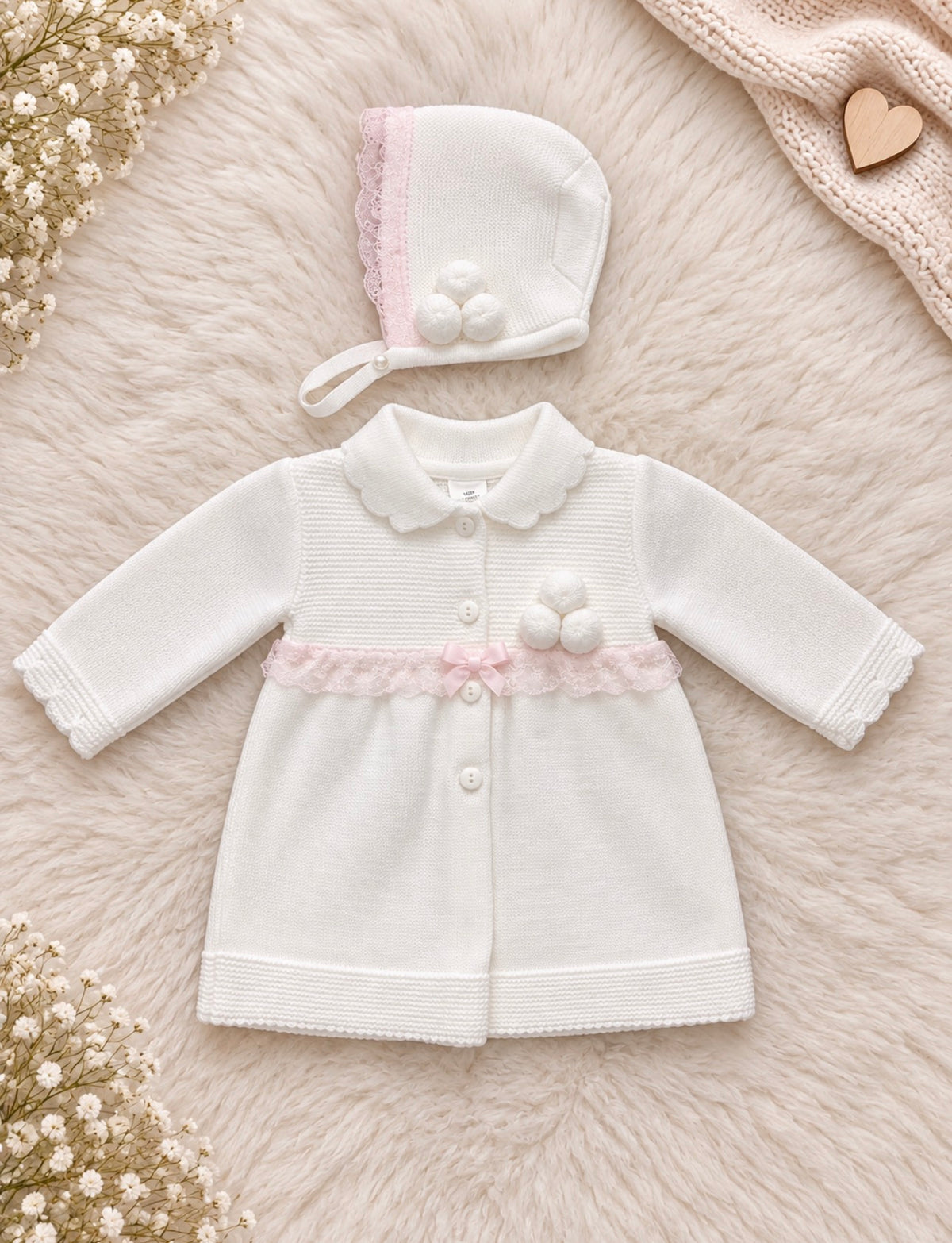 White & Pink Lace Pom Pom Cardigan & Bonnet