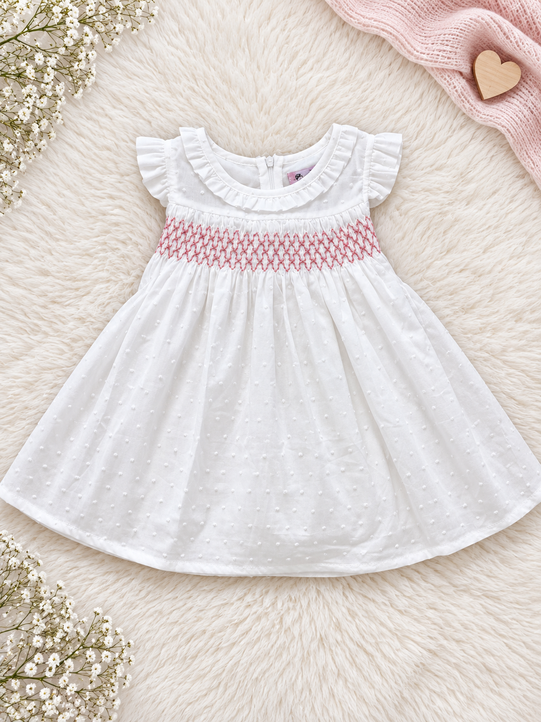 White & Pink Swiss Dot Smocked Dress