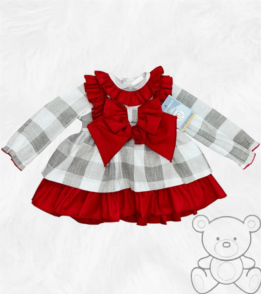 Ceyber Grey Checked Dress with Red frill bow detailing