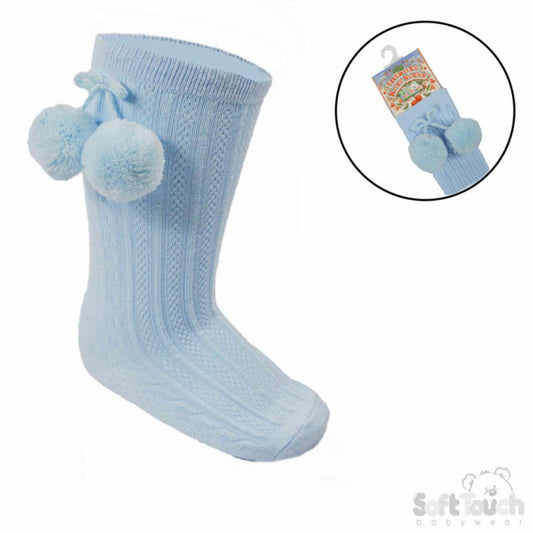 Blue knee high Pom Pom socks