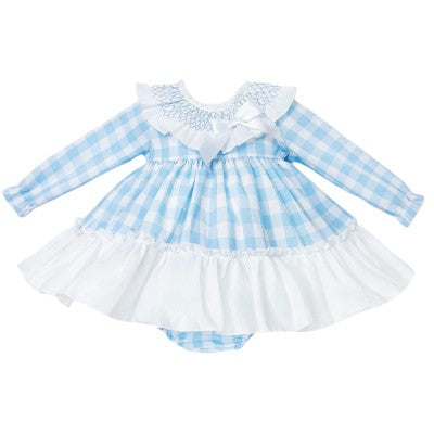 Wee Me Blue Checked Smocked Collar Dress & Pants Set