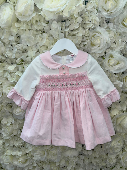 Wee Me Pink Velour Smocked Pearl Dress