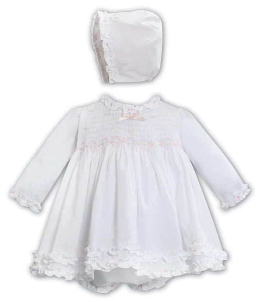 Sarah Louise White Frill Hand Smocked Dress, Pants & Bonnet Set 013348