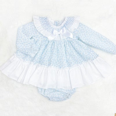 Wee Me Blue Floral Smocked Collar Dress & Pants Set