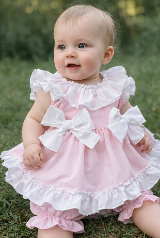 Pink Fairytale Frill Bow Dress & Bloomers Set