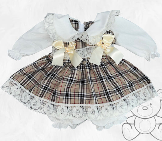 Beige Tartan Double Bow Dress