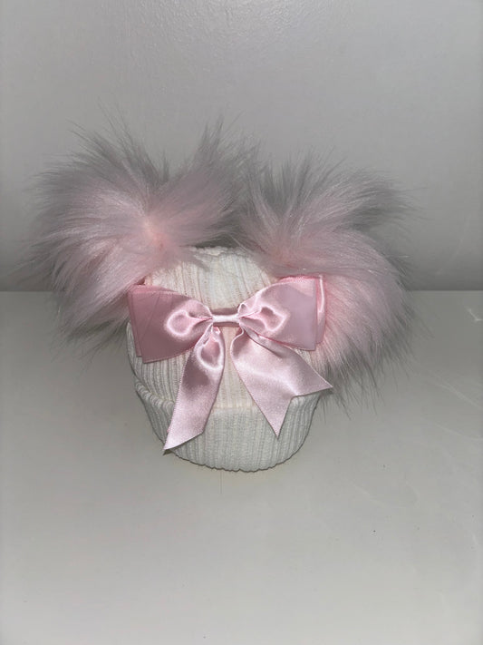 White & Pink Double Pom Pom Bow Hat