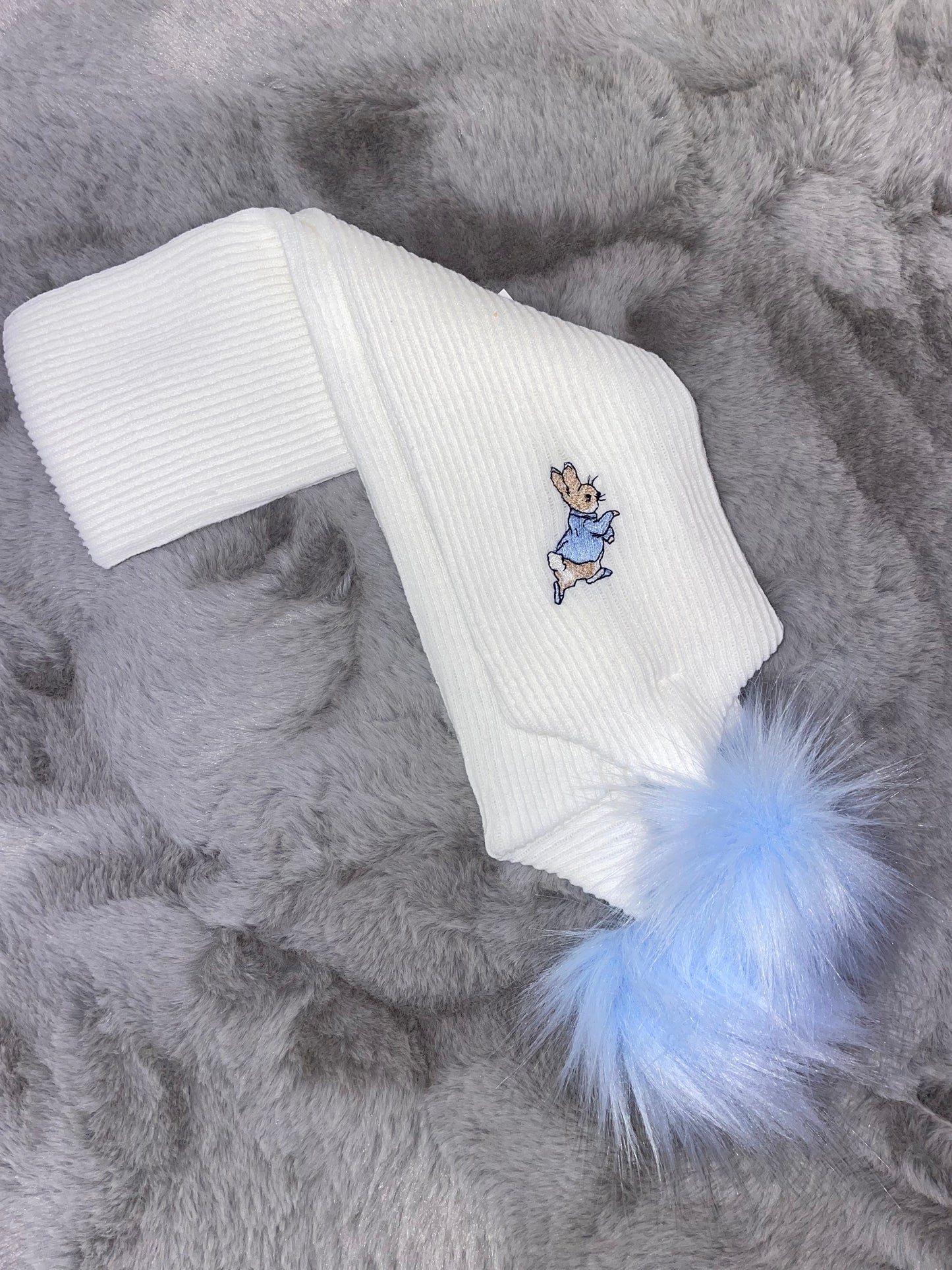 White Peter Rabbit Scarf with blue Pompom