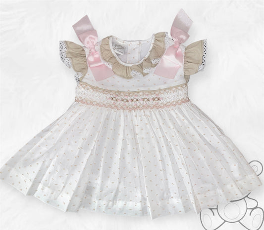 Pretty Originals White, Beige & Pink Smocked Bow Dress MT02380E