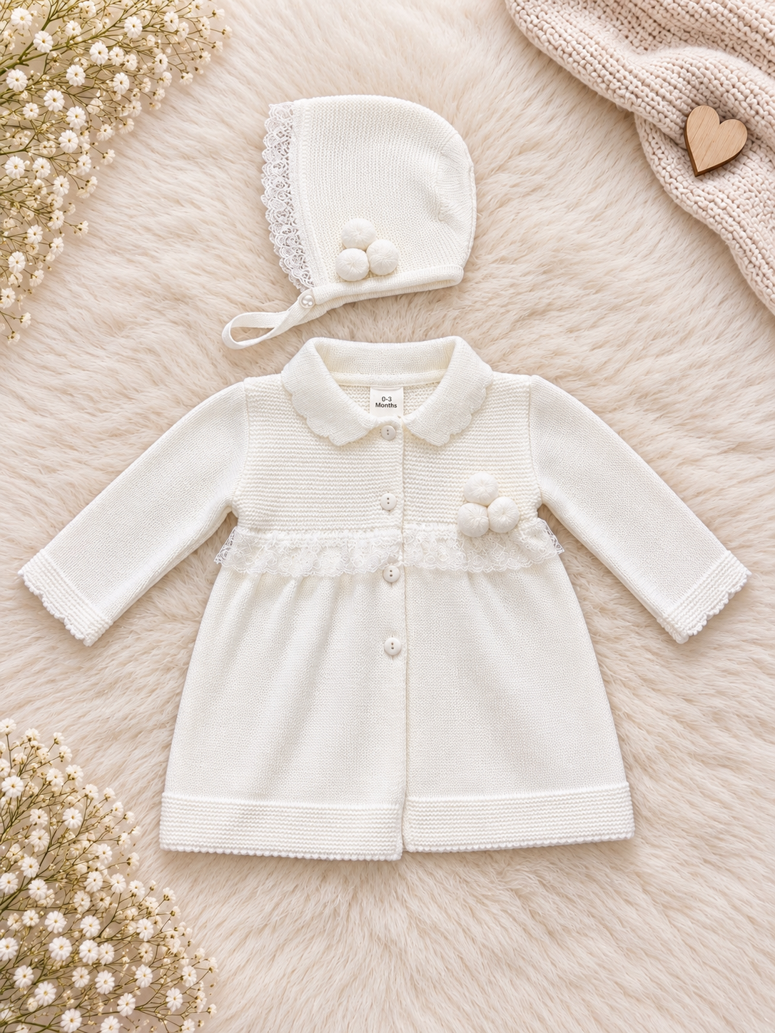 White Pom Pom Cardigan & Bonnet
