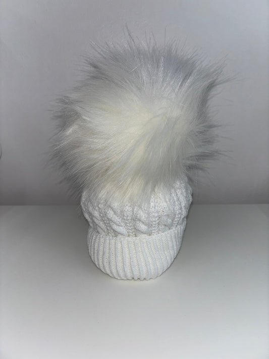 White Luxury Cable Knit Pom Pom Hat