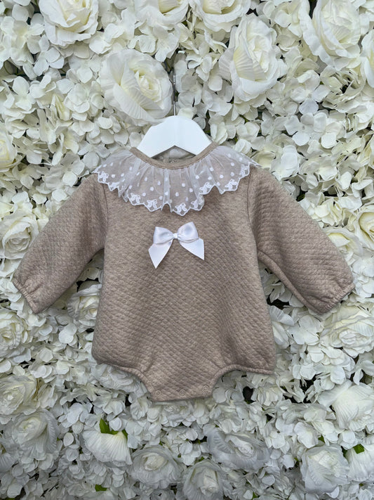 Pex Beige Perla Lace Bow Romper