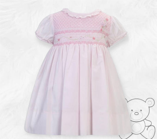 Sarah Louise 013188 Pink Floral Detail Hand Smocked Dress