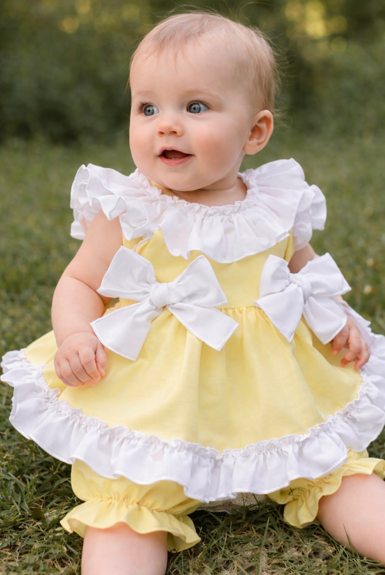 Lemon Fairytale Frill Bow Dress & Bloomers Set