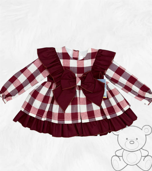 Ceyber Burgundy Checked Frill Bow Dress