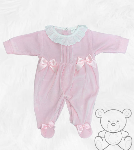 Little Nosh Pink Bow Velour Sleepsuit