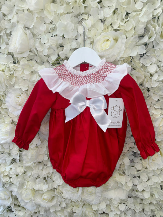 Wee Me Red Bow Smocked Collar Romper