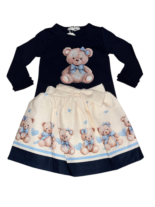 Navy Diamanté Teddy Top & Skirt Set