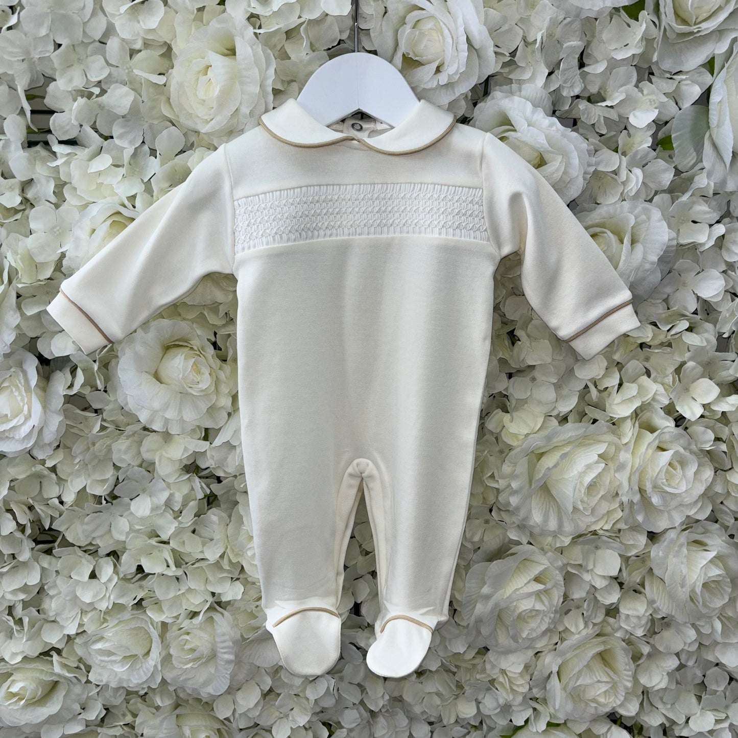 Little Nosh Cream Smocked Front Sleepsuit