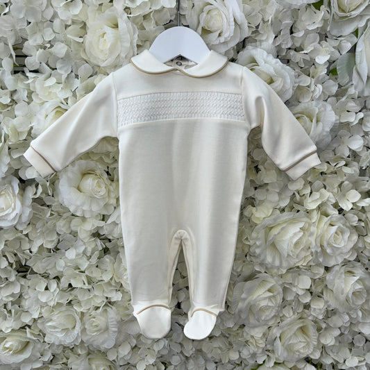Little Nosh Cream Smocked Front Sleepsuit