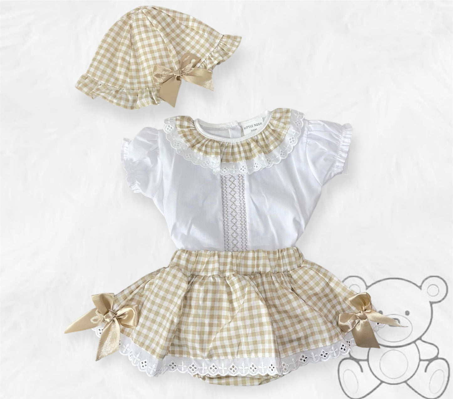 Little Nosh Beige Gingham 3 piece set