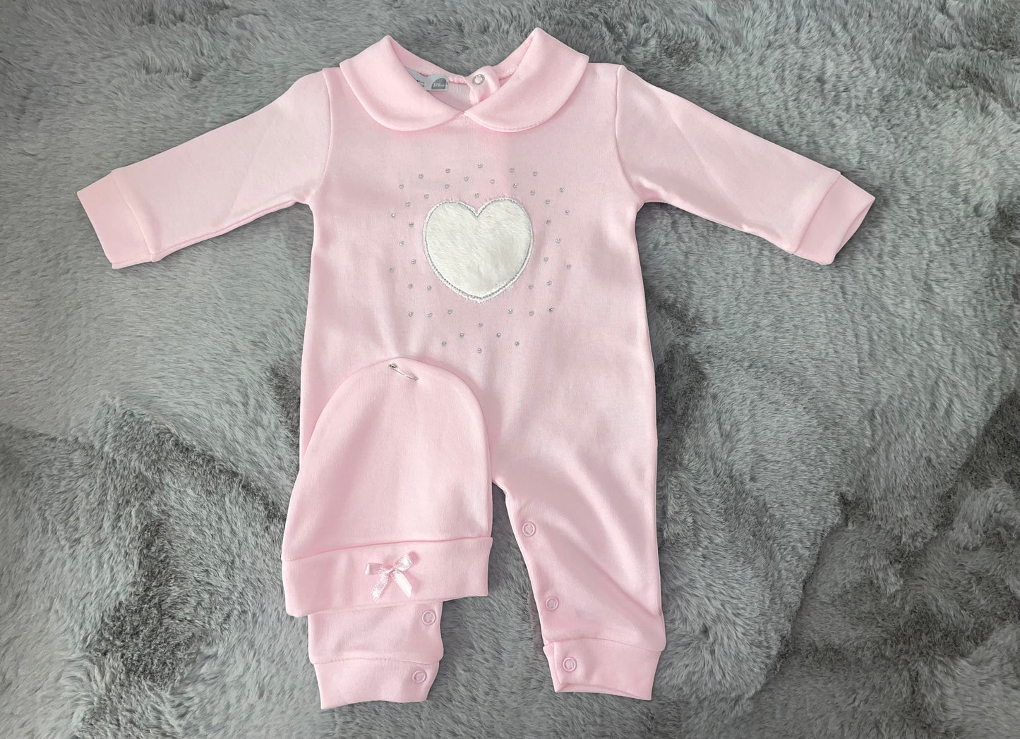 Pink Diamanté Heart Babygrow & Hat Set