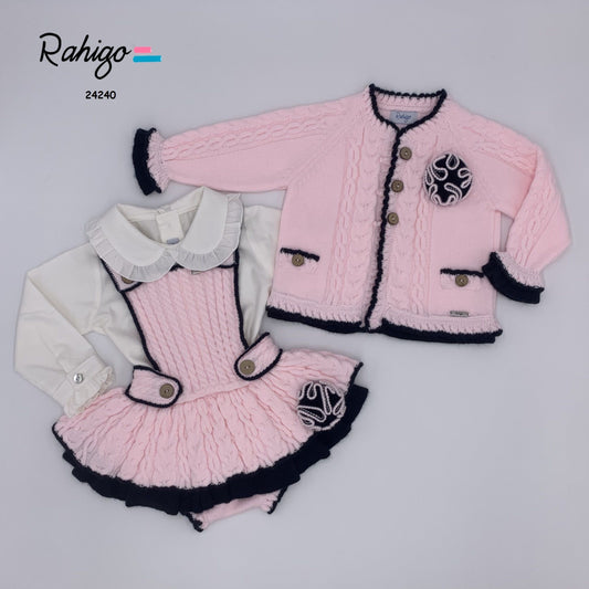 Rahigo Pink & Navy 3 Piece Set Pinafore, Blouse & Cardigan