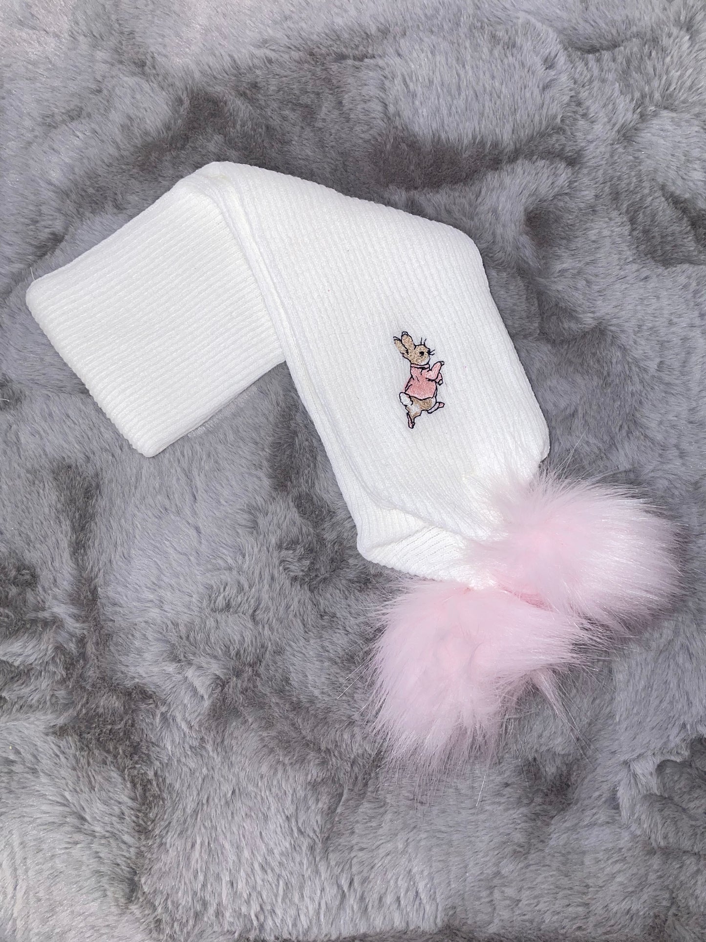 White Peter Rabbit Scarf with Pink Pompom