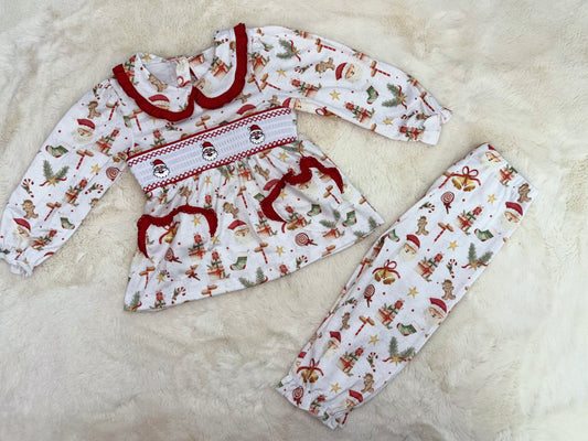 Girls Santa & Gingerbread Smocked Pyjamas