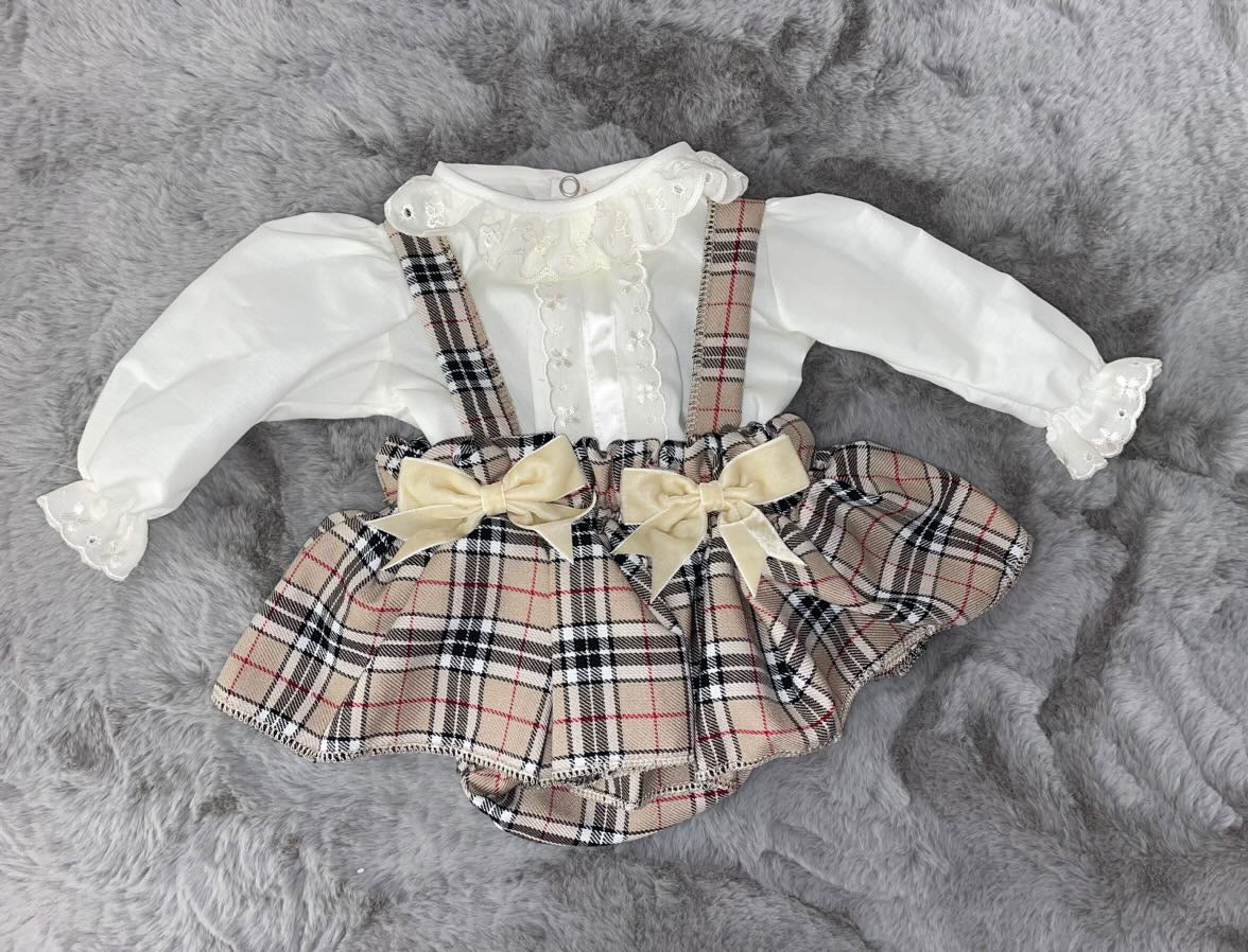 Beige Tartan Peplum Bloomers & Blouse Set