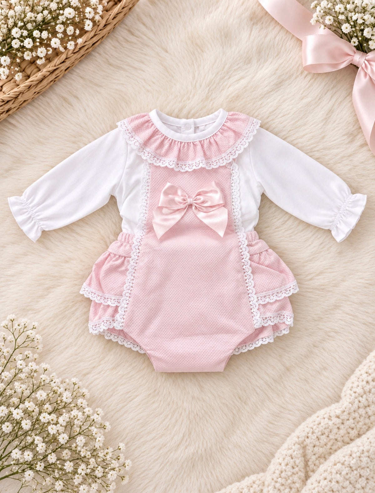 Pink Bow Romper & Blouse Set