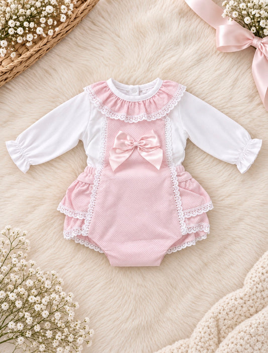 Pink Bow Romper & Blouse Set