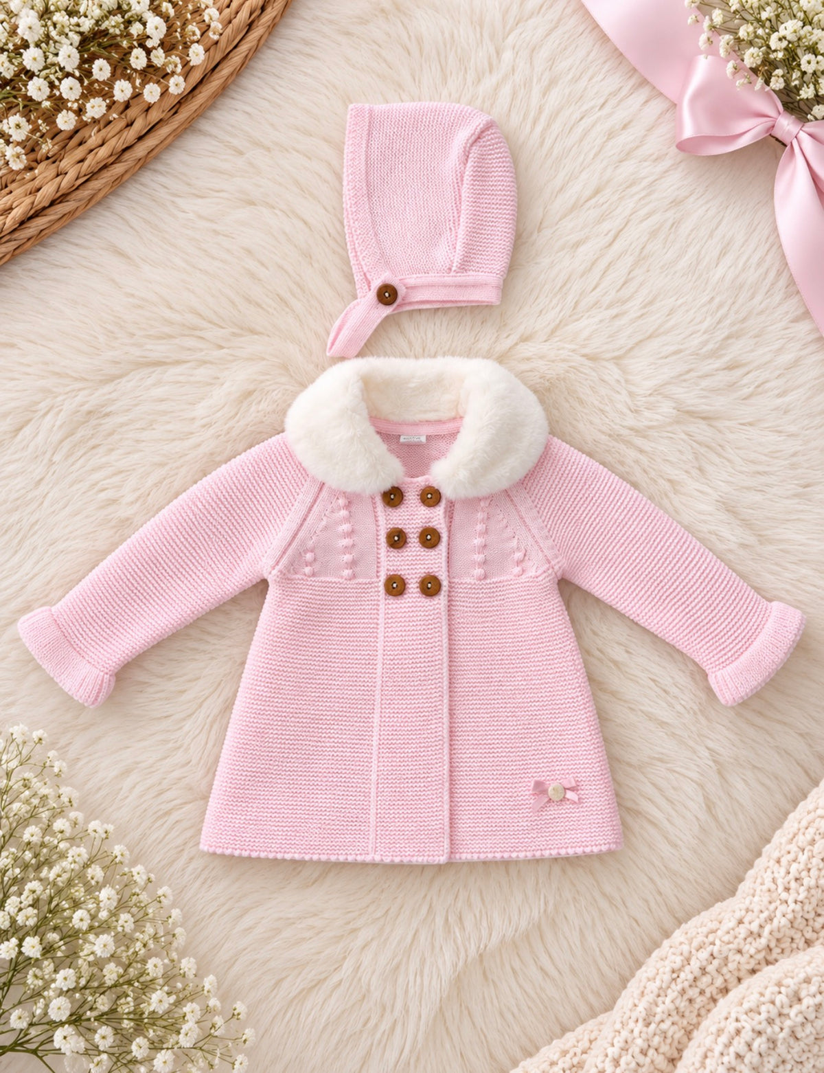 Pink Knitted Fur Collar Cardigan & Bonnet