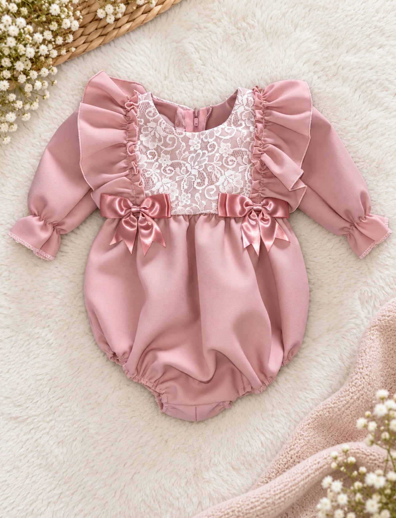 Dusky Pink Lace Bow Romper