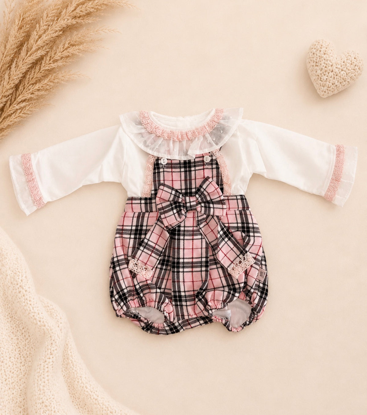 Pink Tartan Romper & Blouse Set