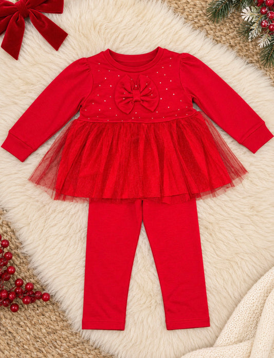Red Diamanté Bow Tulle Top & Leggings Set